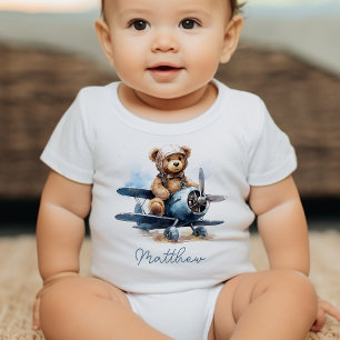 Body Para Bebê Presente de Chá de Bebê Aquarela Avião do Ursinho