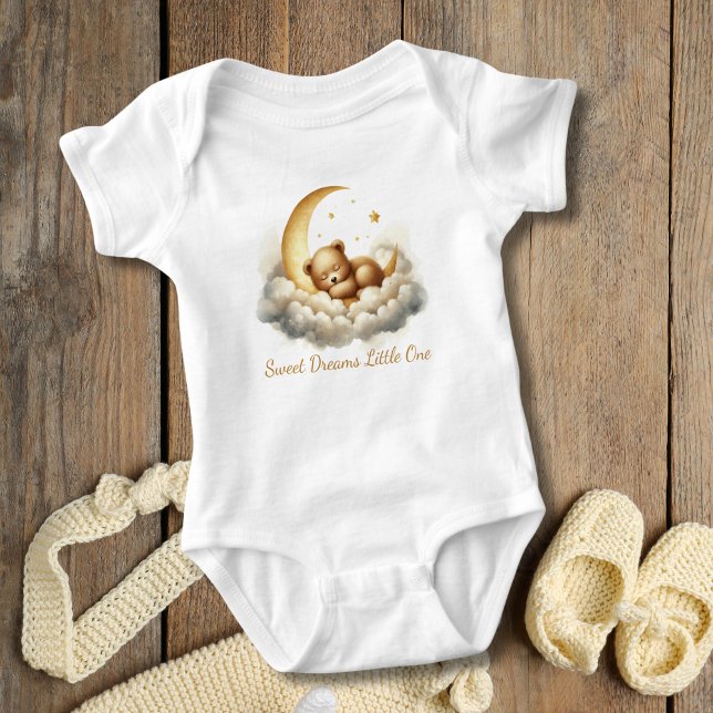 Body Para Bebê Presente de Chuvada de Bebê Urso Bebê Dormindo na  (Sleeping Baby Bear on Cloud and Crescent moon. Gold White. Baby Shower Gift, Gift for new baby)