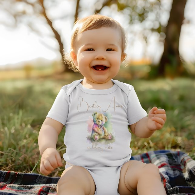 Body Para Bebê Presente de Nome Personalizado do Urso de Teddy de (Cute Watercolor Teddy Bear Custom Name Gift Baby Bodysuit)