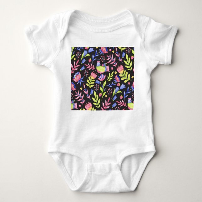 Body Para Bebê Primavera Floral: Padrão Sem Costura De Aquarela (Frente)