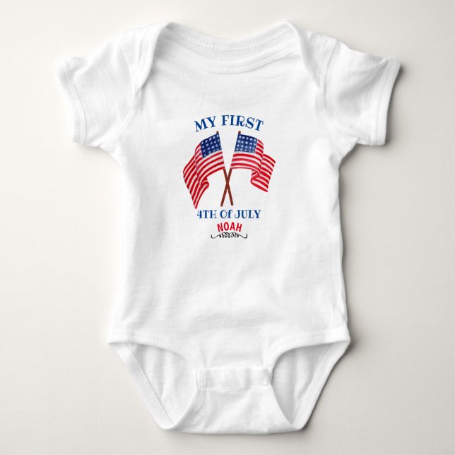 Body Para Bebê Primeiro 4 de julho 4° Toddler Patriotic USA Flag  (Frente)