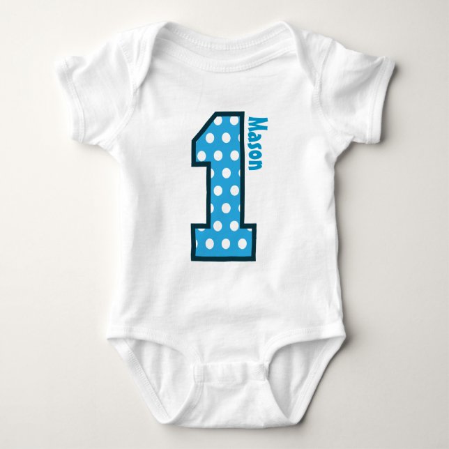 Body Para Bebê primeiro aniversario Boy Blue Bolinhas com um ano  (Frente)
