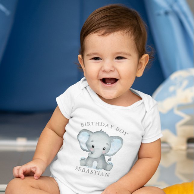 Body Para Bebê Primeiro aniversario de Aquarela de Elefante Cinto (Cute Elephant Watercolor 1st Birthday Boy Baby Bodysuit)