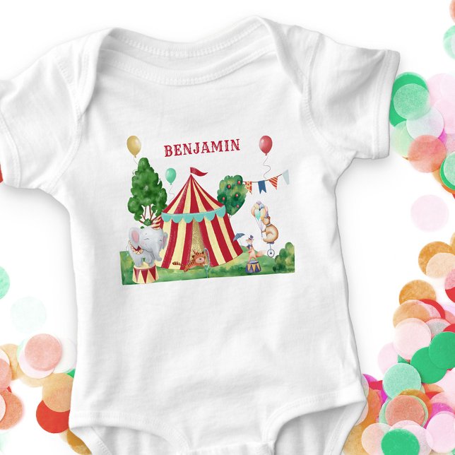 Body Para Bebê Primeiro aniversario de Circus Tent e Carnaval de  (Circus Themed baby bodysuit personalized with baby's name)