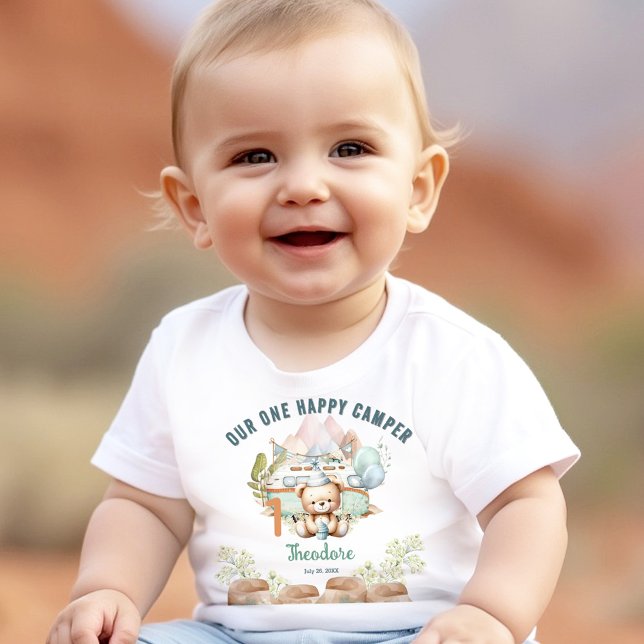 Body Para Bebê Primeiro aniversario Feliz Camper Summer (Happy Camper Summer 1st Birthday Boy Baby Bodysuit)