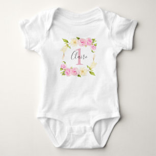Body Para Bebê Primeiro aniversario floral de creme cor-de-rosa