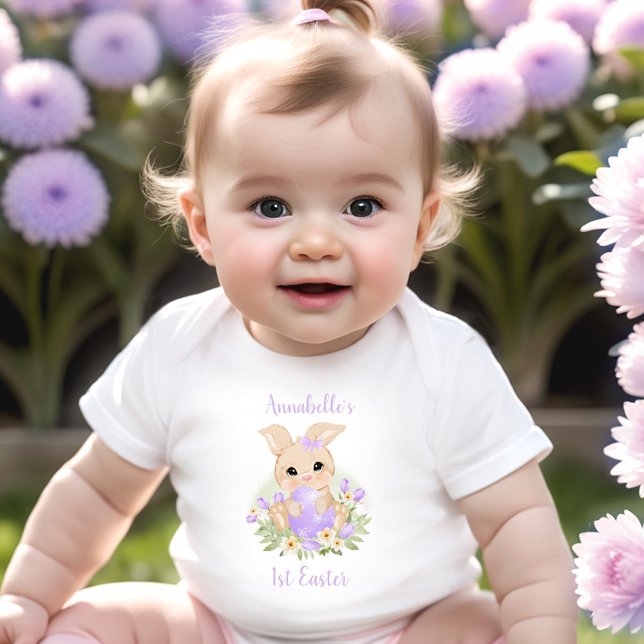 Body Para Bebê Primeiro Coelho da Páscoa Nome Personalizado Rapar (First Easter Bunny Personalized Name Girl Purple Baby Bodysuit)