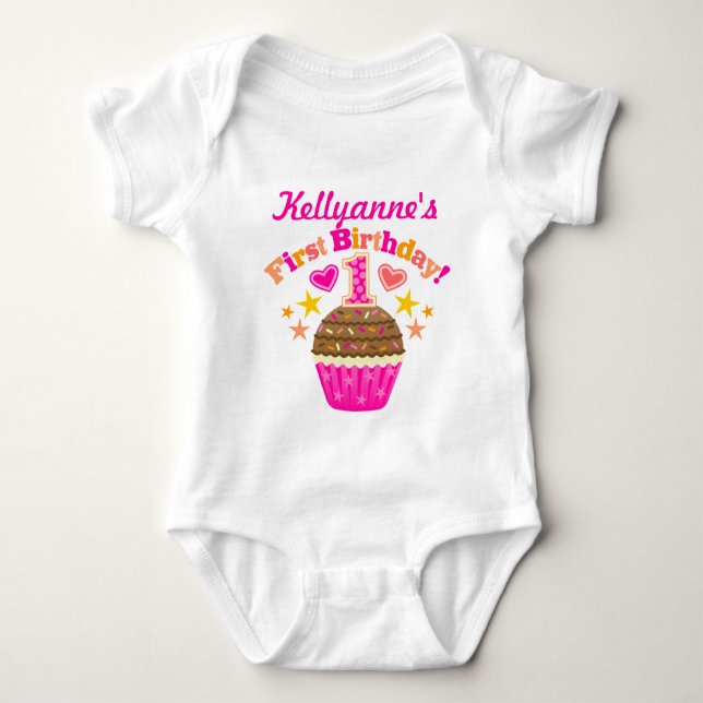 Body Para Bebê Primeiro Cupcake de Aniversário (Meninas) (Frente)