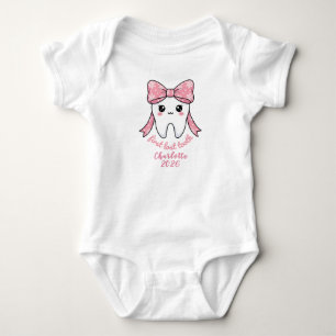 Body Para Bebê Primeiro Dente de Bebê Laço Rosa Kawaii Milestone