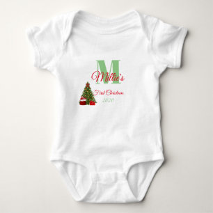 Body Para Bebê Primeiro Monograma Verde Vermelho Editável de Nat