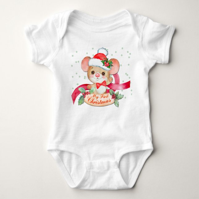 Body Para Bebê Primeiro Natal Adorável do Rato Santa Hat (Frente)
