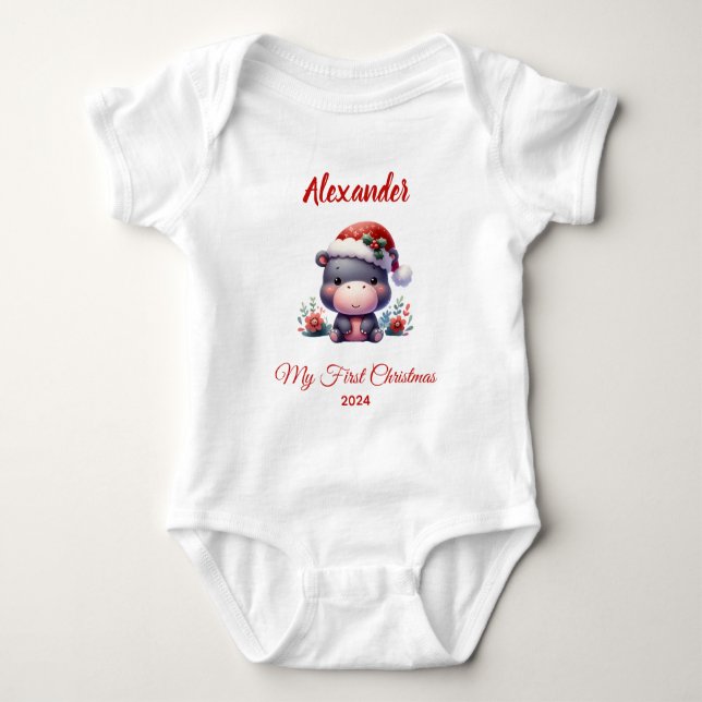 Body Para Bebê Primeiro Natal do Bebê Hipopótamo personalizado fo (Frente)