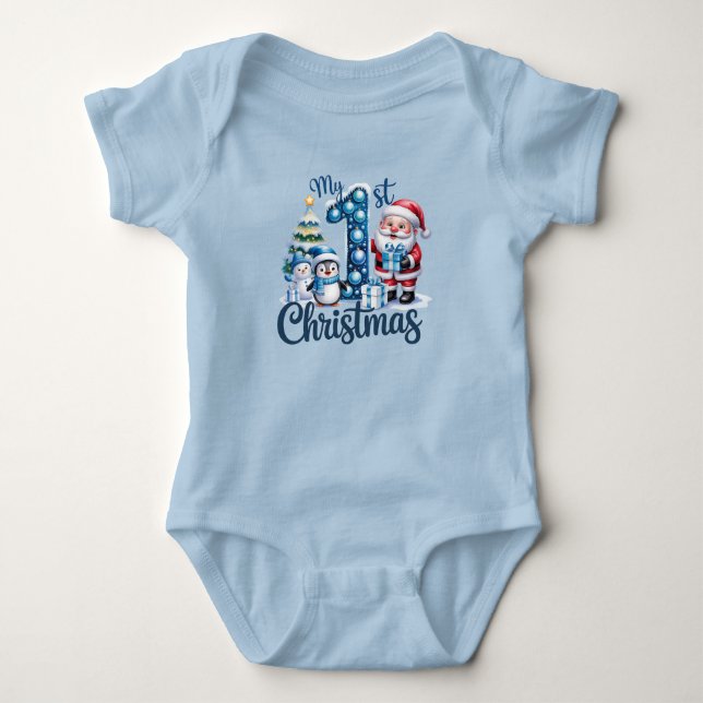 Body Para Bebê Primeiro Natal do Menino Azul (Frente)