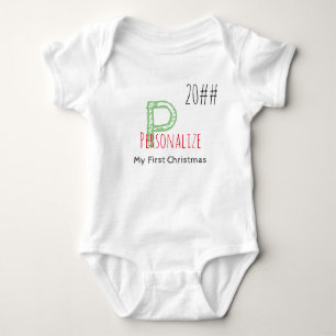 Body Para Bebê Primeiro Natal, Monograma Vermelho Verde Editável