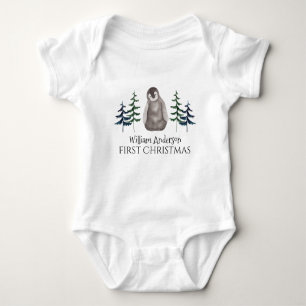 Body Para Bebê Primeiro Natal Pinguim e Árvore Personalizadas