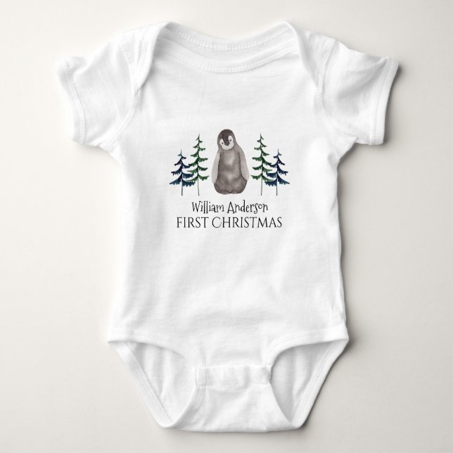 Body Para Bebê Primeiro Natal Pinguim e Árvore Personalizadas (Frente)