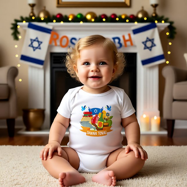 Body Para Bebê 🍯 🍎 🐟 primeiro Rosh Hashanah com texto personal (🍯 🍎🐟 First Rosh Hashanah with custom text Baby Bodysuit)