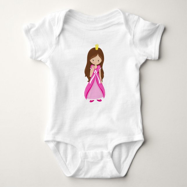 Body Para Bebê Princesa Bonita, Coroa, Cabelo Castanho, Vestido R (Frente)
