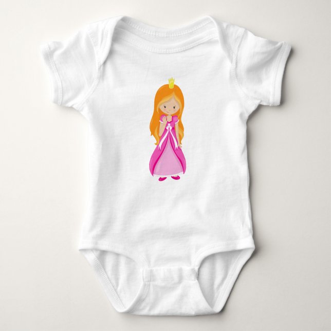 Body Para Bebê Princesa Bonita, Coroa, Cabelo Laranja, Vestido Ro (Frente)