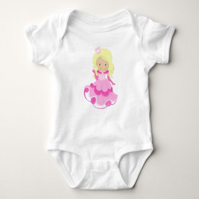 Body Para Bebê Princesa Bonita, Coroa, Vestido Rosa, Cabelo Louro (Frente)