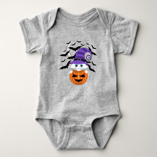 Body Para Bebê Pumpkin assustador com Gatinho branco e chapéu de  (Frente)