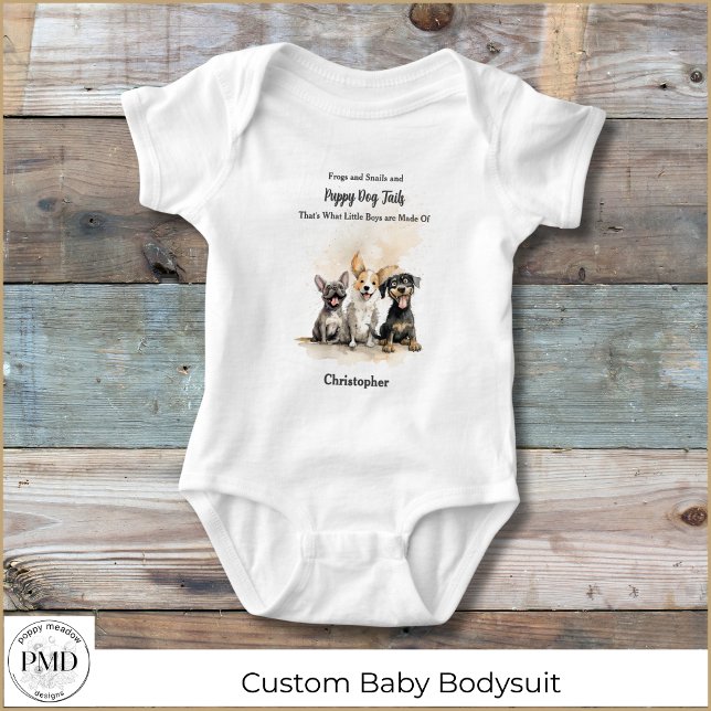 Body Para Bebê Puppy Dog Tails Rhyme Baby Boy Personalizado (Puppy Dog Tails Nursery Rhyme Baby Boy Personalized Bodysuit with Watercolor Puppies, Boy's Name.)