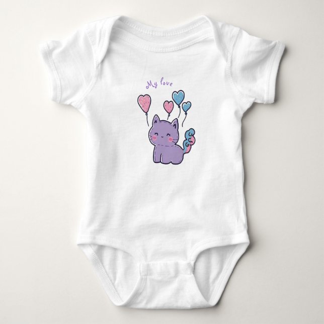 Body Para Bebê Purple anime kitten and hearts, personalized (Frente)