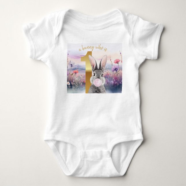 Body Para Bebê Rabbit 1º aniversário soprando goma-rosa (Frente)