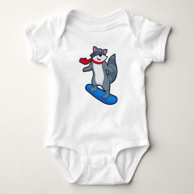 Body Para Bebê Racoon como Snowboarder com Snowboard e Scarf (Frente)