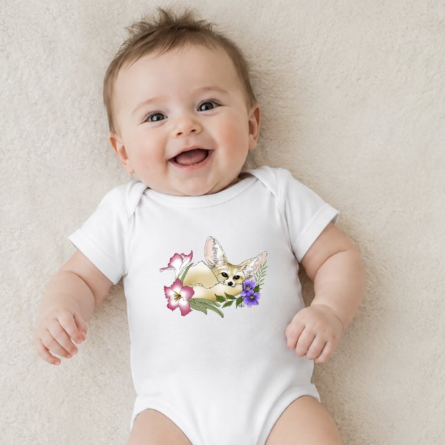 Body Para Bebê Raposa Fennec Flores Rosa Roxo Fofo Botânico Azul (Criador carregado)