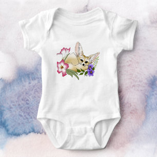 Body Para Bebê Raposa Fennec Flores Rosa Roxo Fofo Botânico Azul