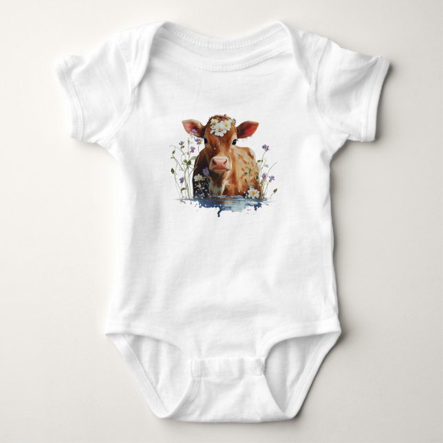 Body Para Bebê Red Heifer (Vaca) com Flores (Frente)