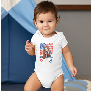 Body Para Bebê Red White e Blue Basset Dog 4 de julho