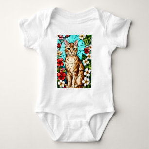 Body Para Bebê Retrato Felino Artístico entre Flores Tropicais 