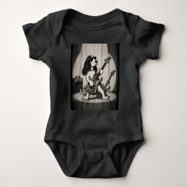 Body Para Bebê Retro Rockstar Basset Hound Guitarrista Monocromát