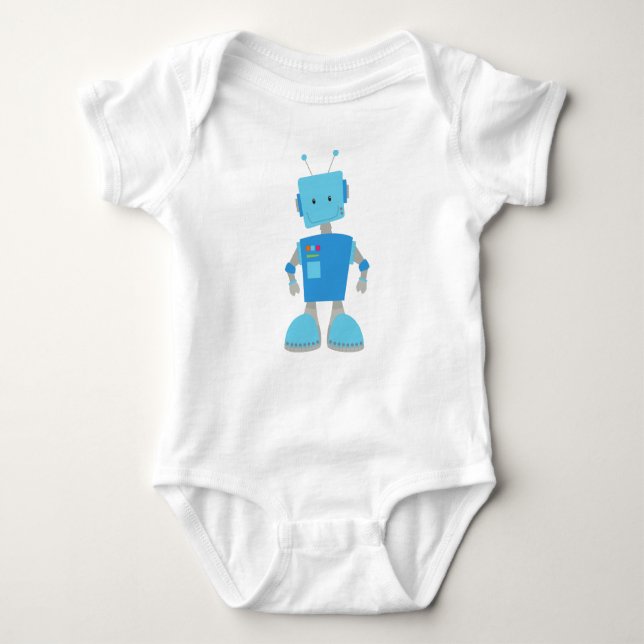 Body Para Bebê Robô Bonito, Robô Engraçado, Robô Bobo, Robô Azul (Frente)
