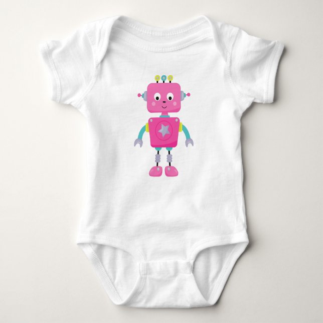 Body Para Bebê Robô Bonito, Robô Engraçado, Robô Bobo, Robô Rosa (Frente)