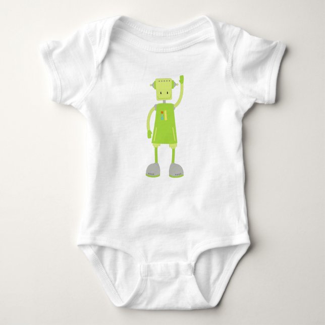 Body Para Bebê Robô Bonito, Robô Engraçado, Robô Bobo, Robô Verde (Frente)
