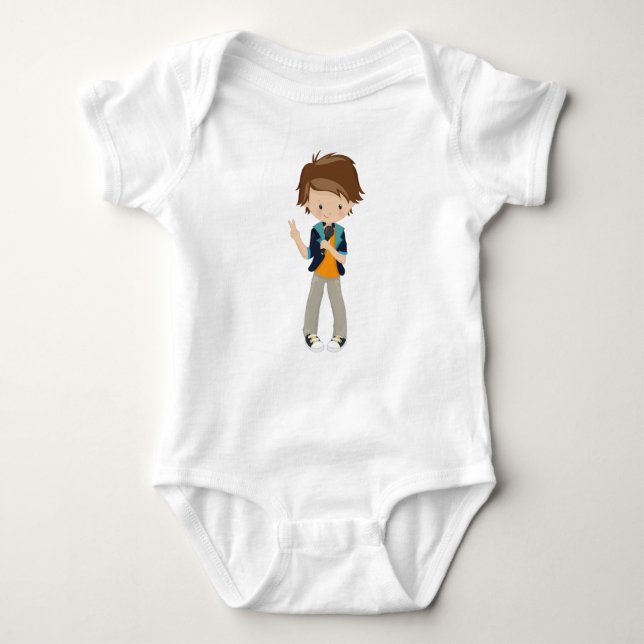 Body Para Bebê Rock Boy, Cabelo Brown, Cantor de Banda, Microfone (Frente)