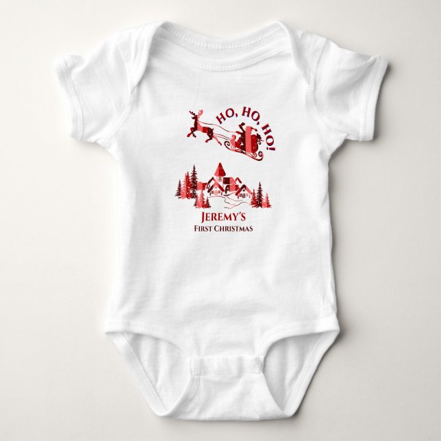 Body Para Bebê Santa Claus First Christmas Red Add Name (Frente)