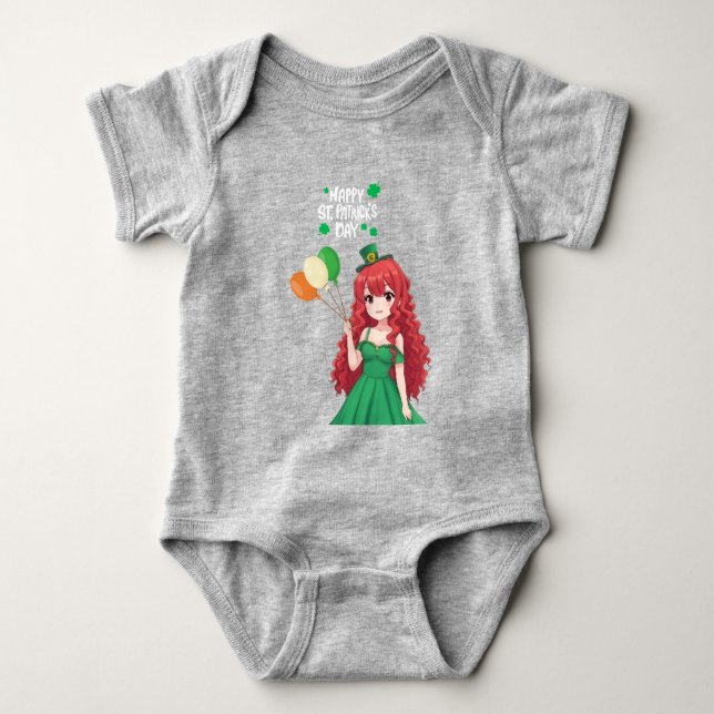 Body Para Bebê Santa Patrick é fofo, moça de anime irlandesa (Frente)
