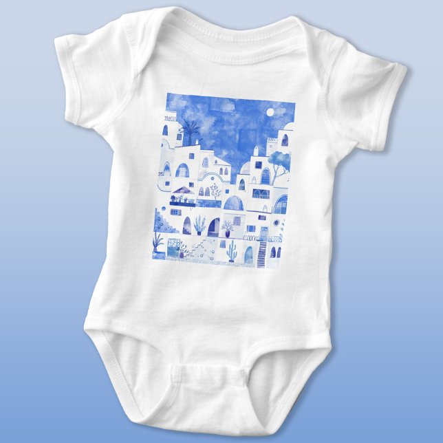Body Para Bebê Santorini - Ilhas Aquarela Gregas (Santorini Oia Greek Island Mediterranean watercolor art baby bodysuit)