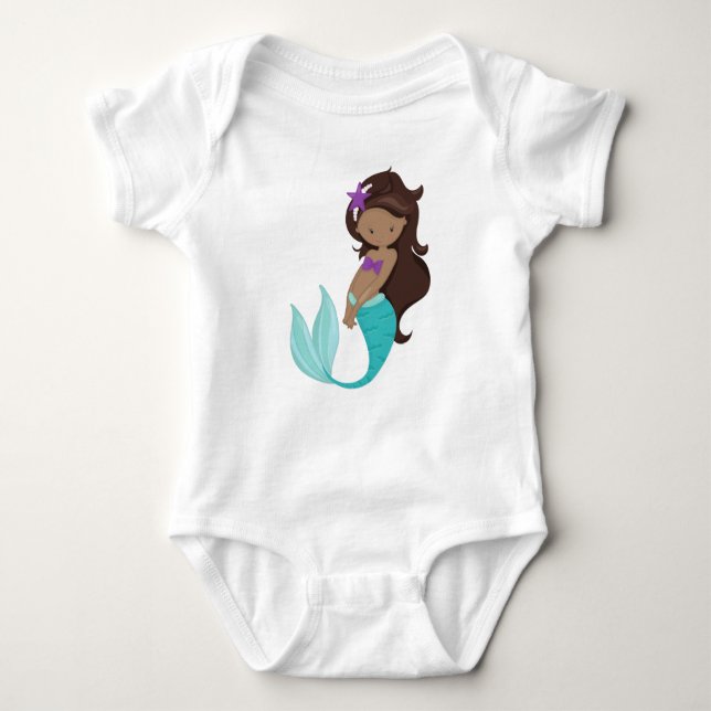 Body Para Bebê Sereia Afro-Americana, Cabelo Marrom, Peixe-Estrel (Frente)