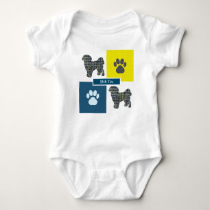 Body Para Bebê Shih Tzu Dog & Paw Print Yellow Grid Silhout