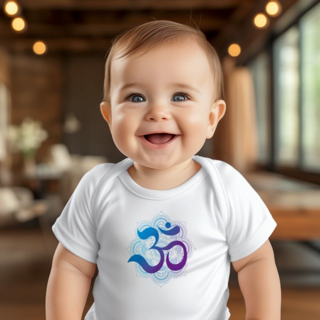 Body Para Bebê Símbolo Om Mandala Flor Branco (Cute White Body Suit with Purple and Blue Om Mandala. Great gift for Yoga Moms!)