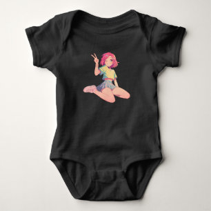 Body Para Bebê Sinal de Paz de Anime - Cabelos cor-de-rosa-bonito
