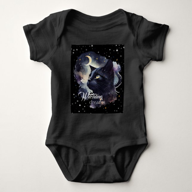 Body Para Bebê Sonhos Testemunhosos Gato Negro e Estrelas (Frente)