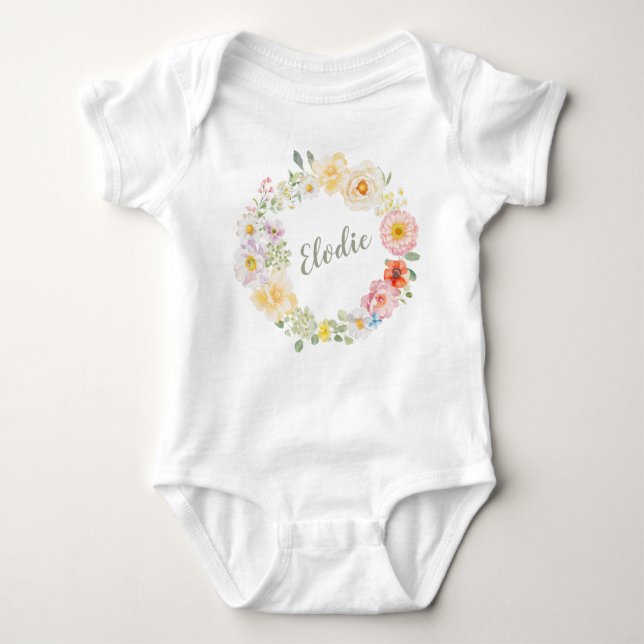 Body Para Bebê Spring Floral Watercolor Wreath Boho Personalized  (Frente)