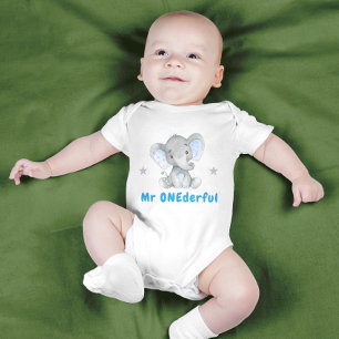 Body Para Bebê Sr Onederful Primeiro Aniversário Azul Menino Elef