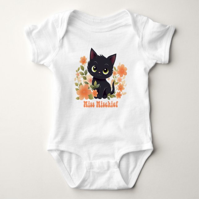 Body Para Bebê Srta. Mishead Black Gatinho com Flores (Frente)